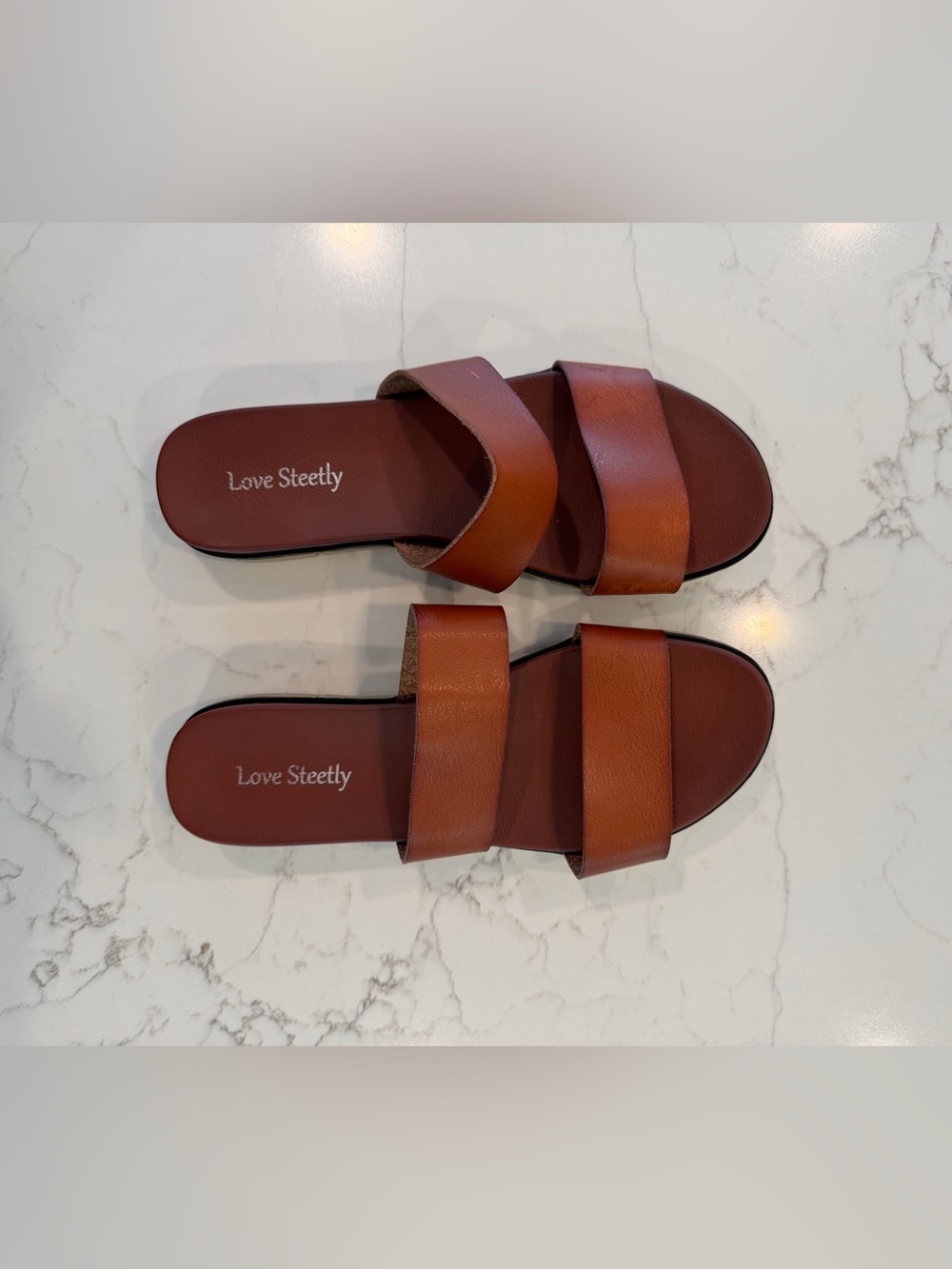 Women's Double-Strap Brown Slide Sandals